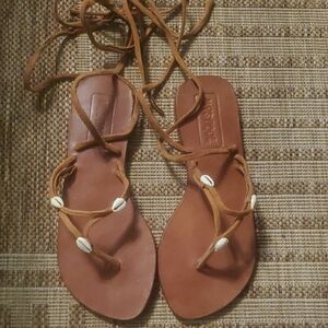 Brown and White Gladiator Sandals Wrap Around Long Laces